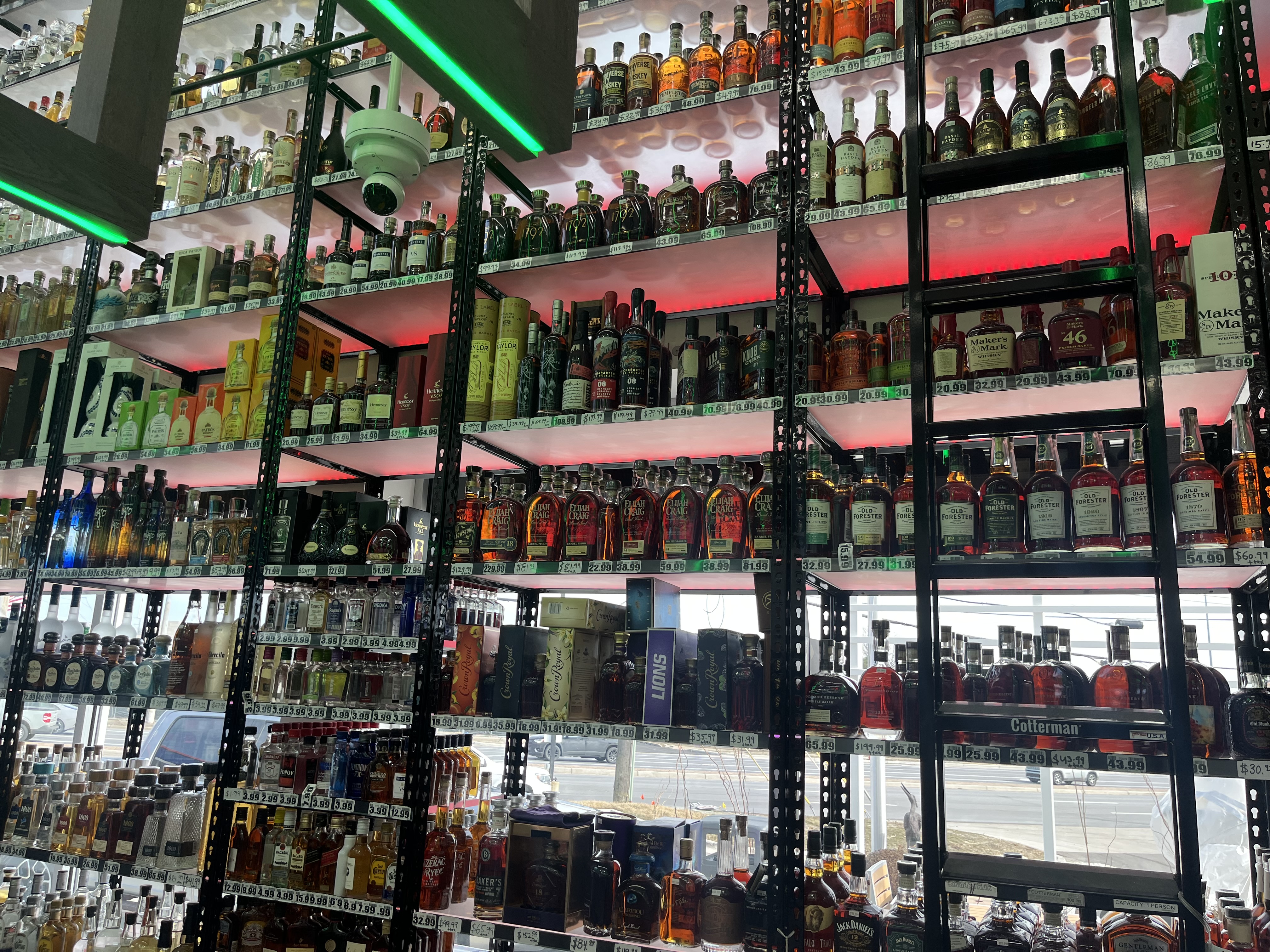 Liquor wall with LED underlit shelves